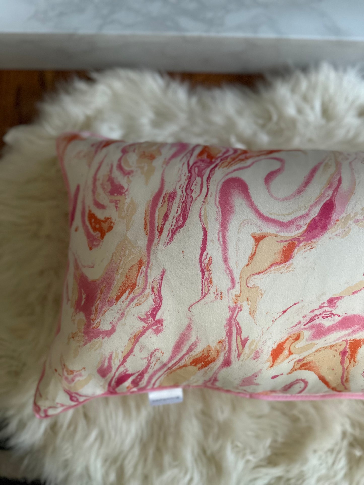 Pink and Orange Marble Throw Pillow | Whimsical Swirls, Refined Softness