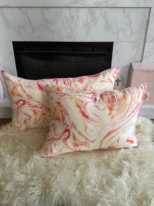 Pink and Orange Marble Throw Pillow | Whimsical Swirls, Refined Softness