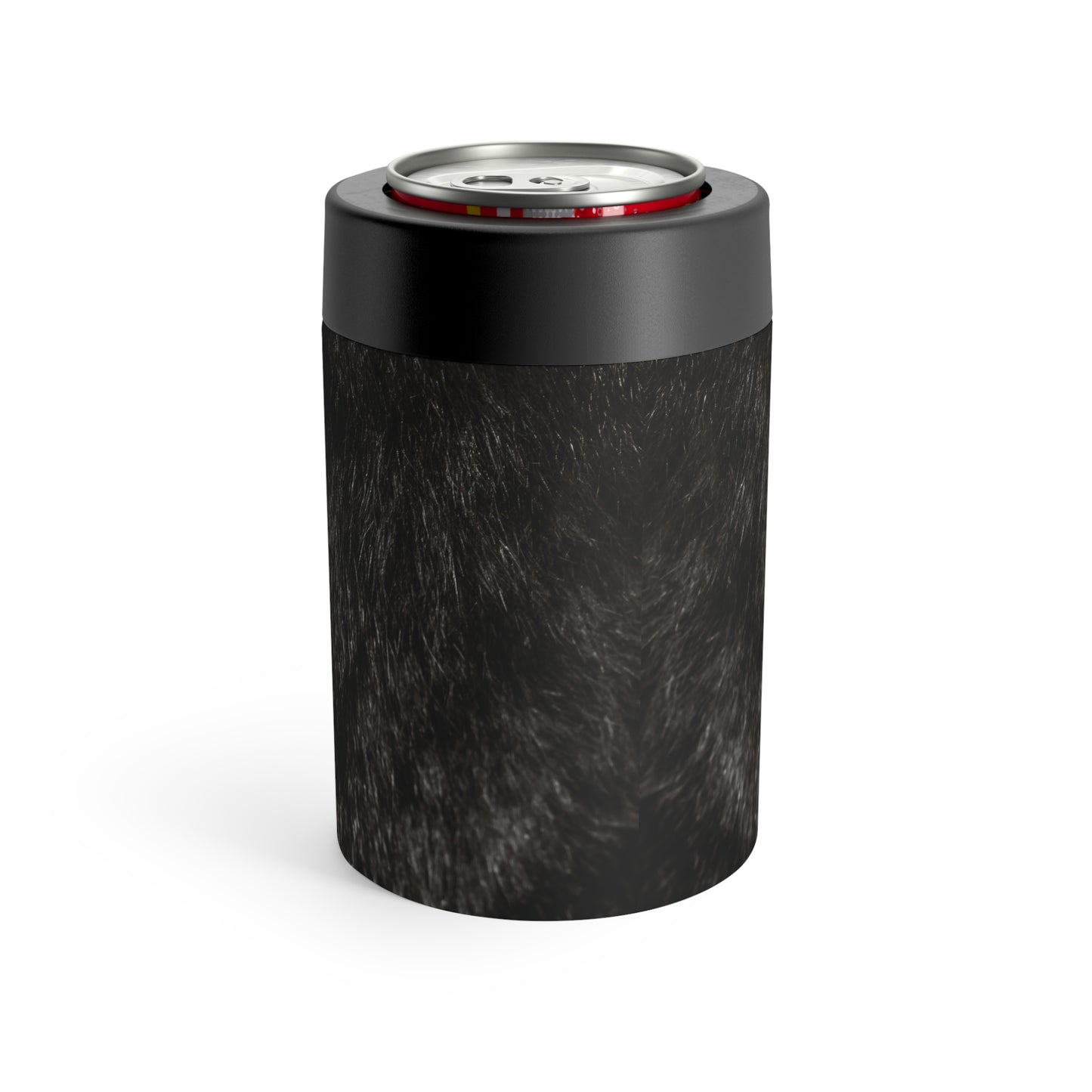 Printed Black Fur Can Holder – Matte Stainless with Faux Fur Look