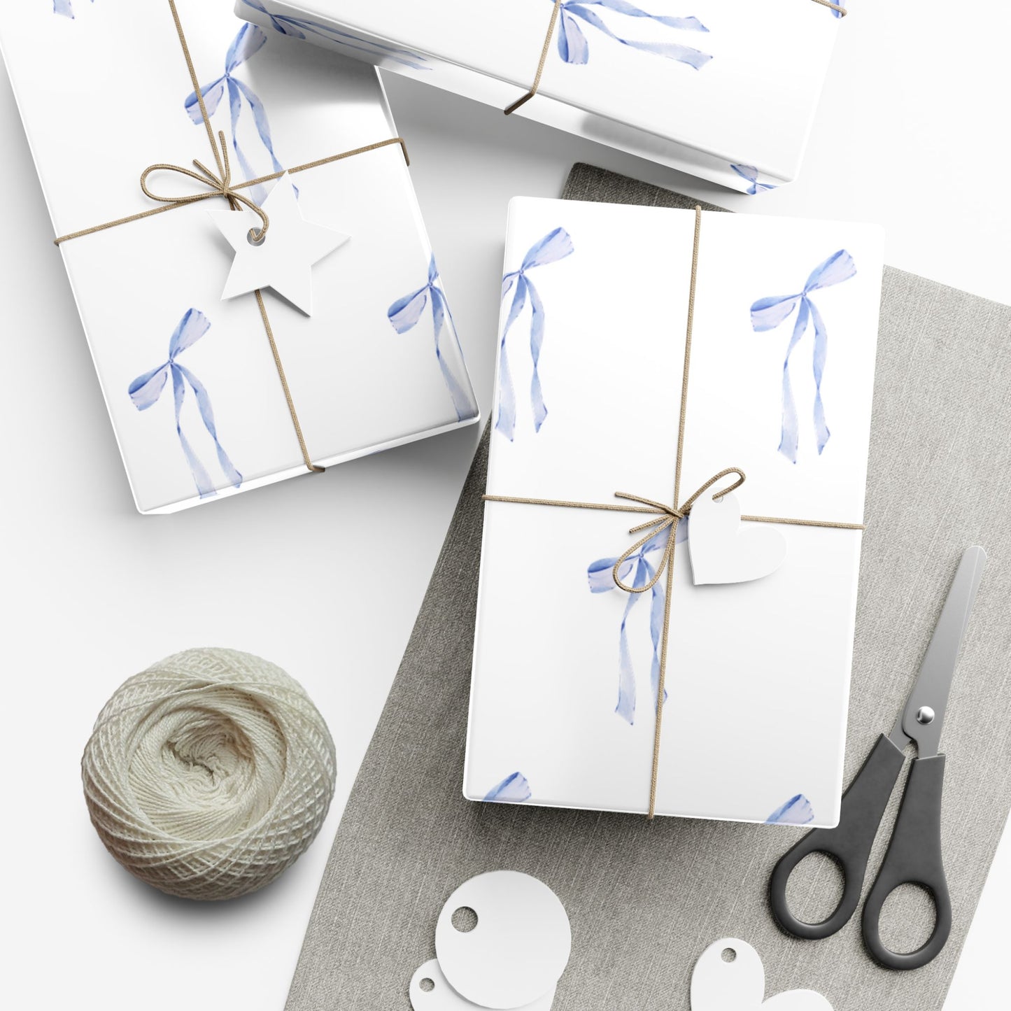 Delicate Blue Bow Gift Wrapping Paper – Hand-Painted Style Ribbon Pattern on White