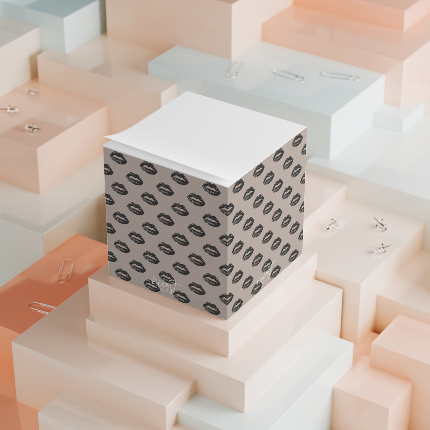 Black Lips on Oat Sticky Note Cube | Soft Neutral Desk Accent