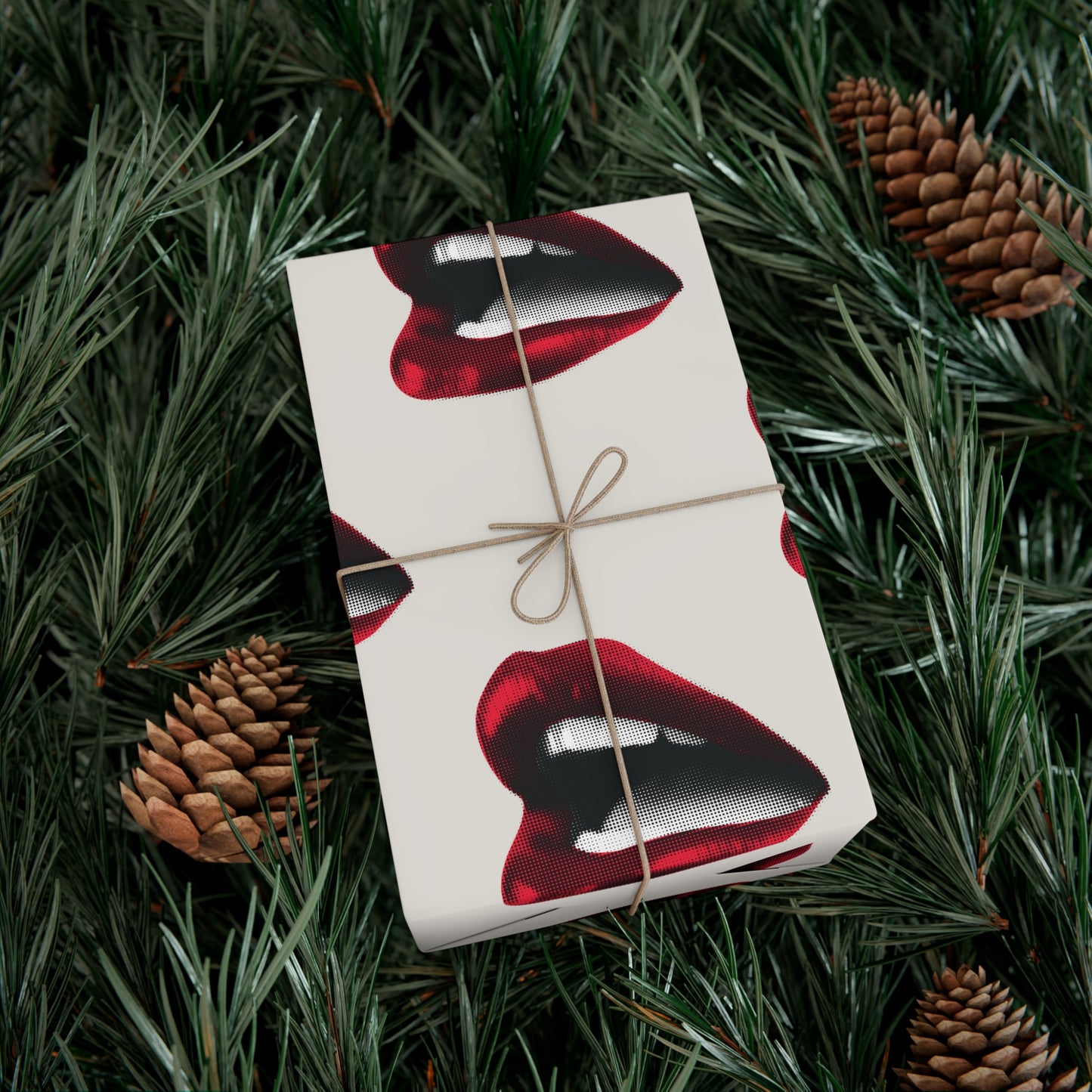 Vintage Red Lips Gift Wrapping Paper – Glossy Pop Art Mouths on Bone Color