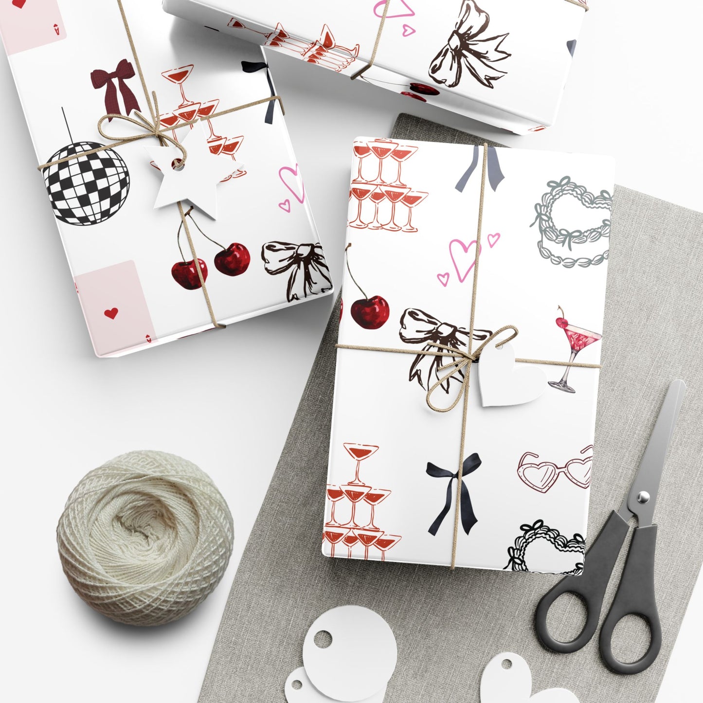 Edge of Romance Wrapping Paper | White Background Gift Wrap with Chic Sticker-Inspired Design