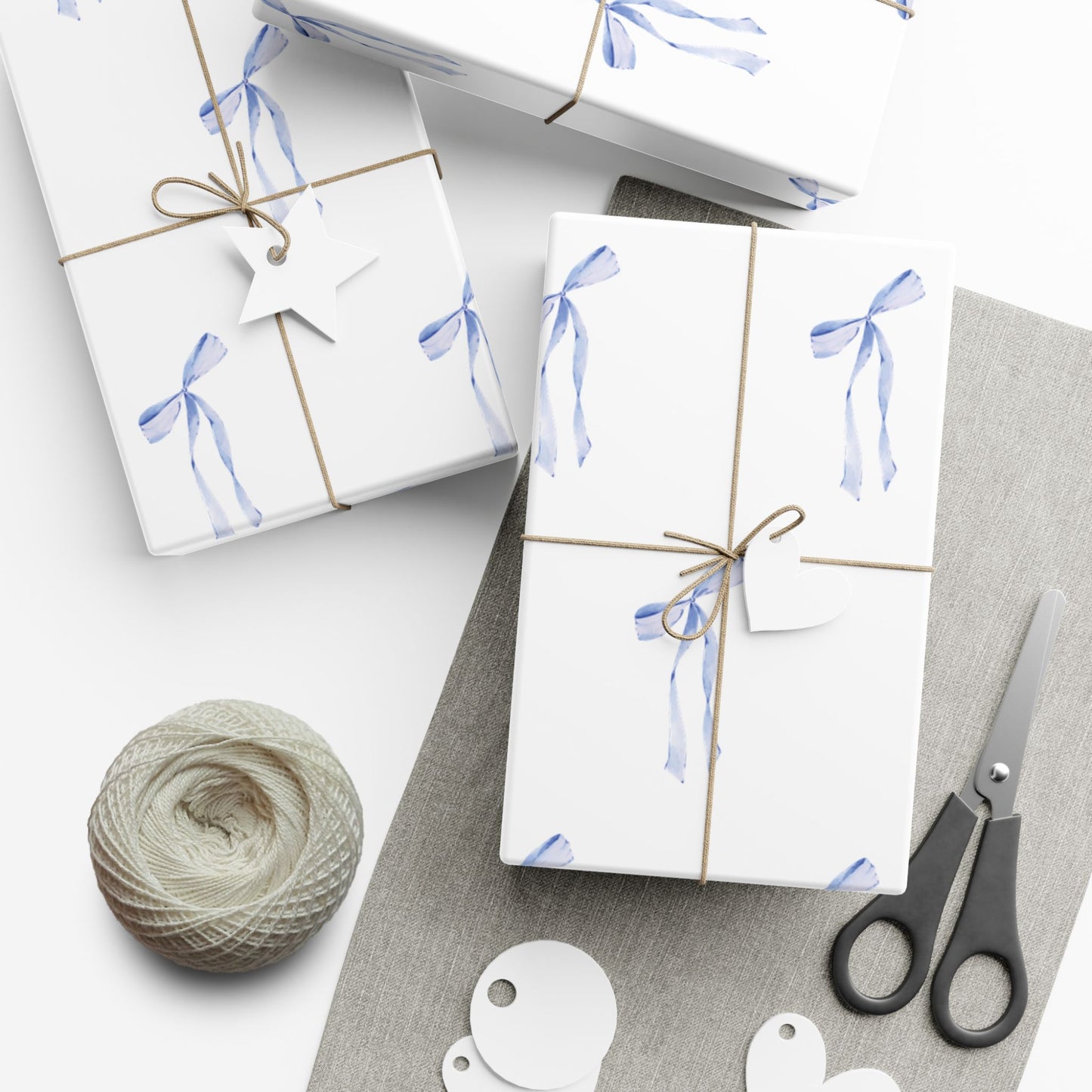 Delicate Blue Bow Gift Wrapping Paper – Hand-Painted Style Ribbon Pattern on White