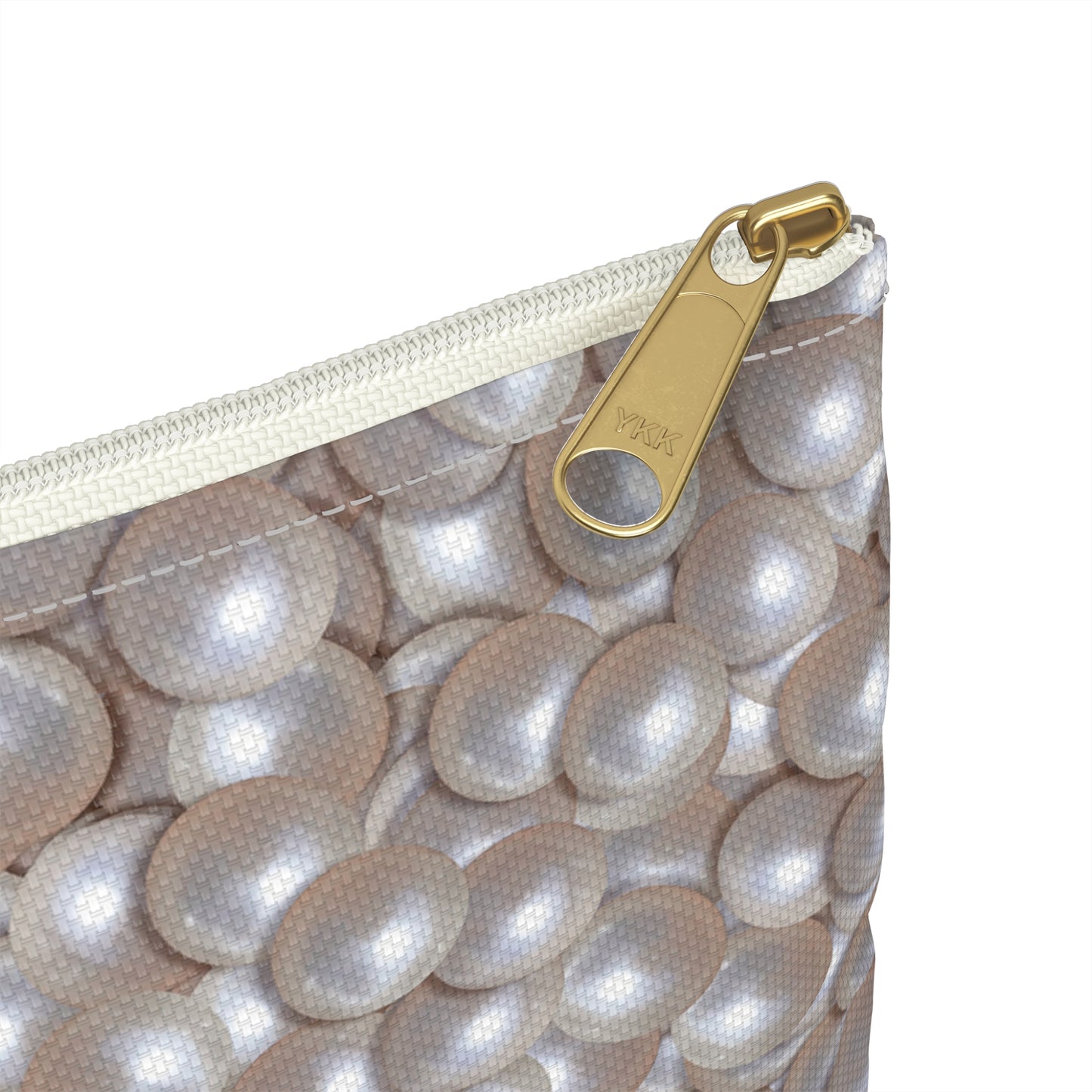 Lustrous Pearl Accessory Pouch – Soft Sheen Taupe Bag with Glam-Inspired Detail