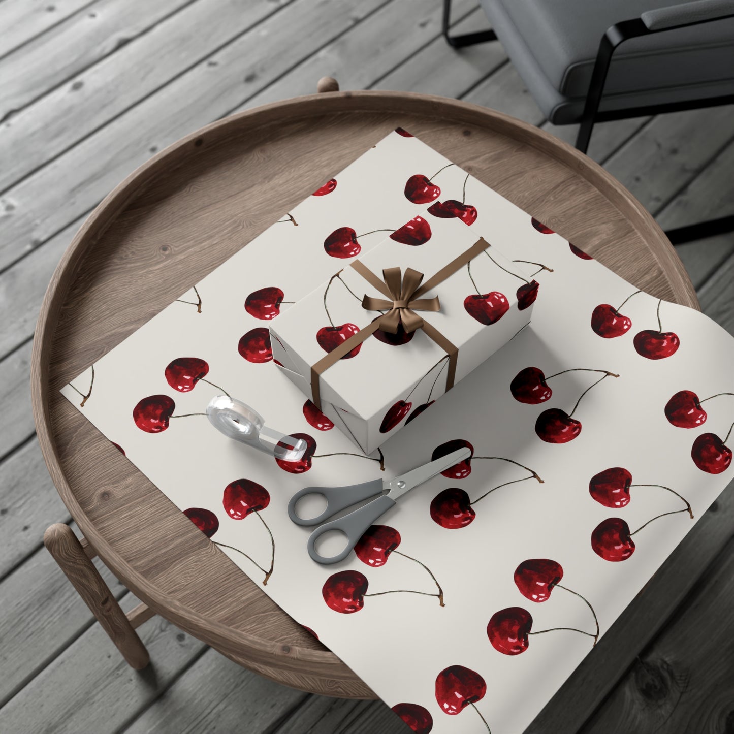 Moody Cherry Stem Gift Wrapping Paper – Glossy Red Fruit on Bone Color