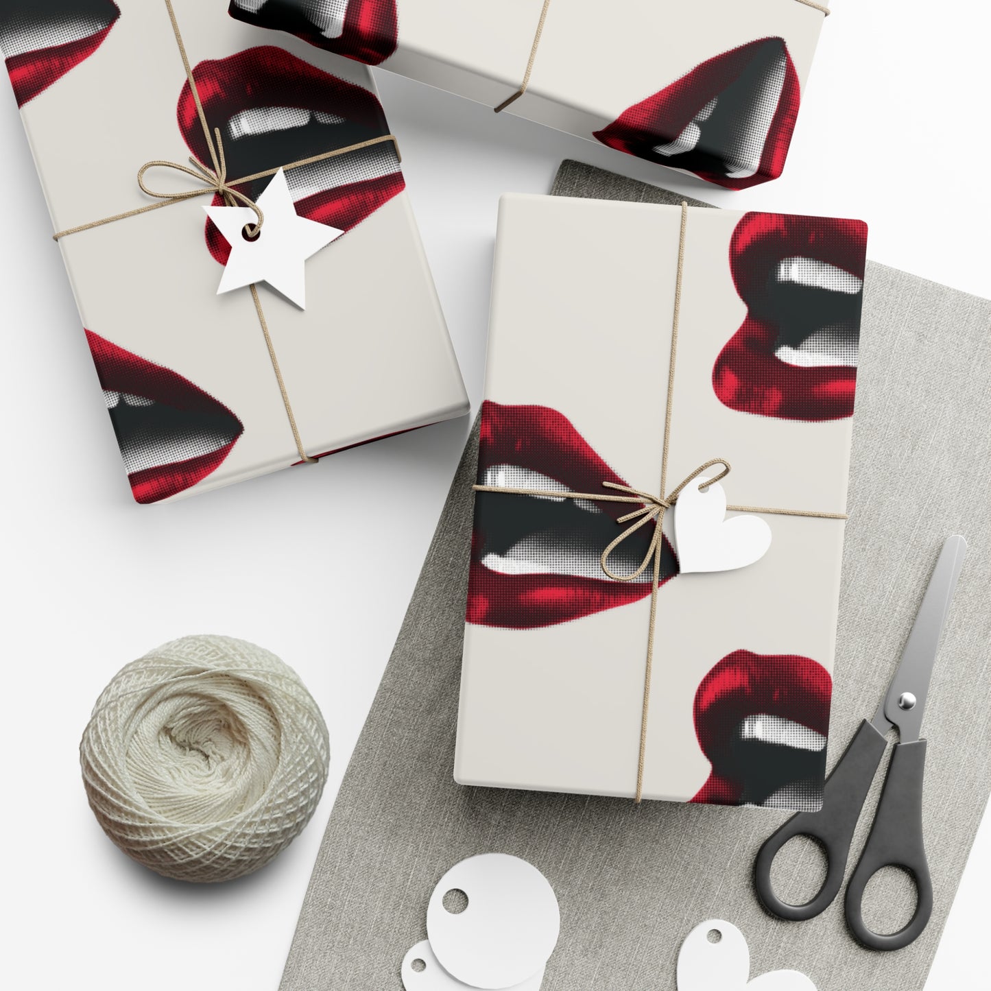 Vintage Red Lips Gift Wrapping Paper – Glossy Pop Art Mouths on Bone Color