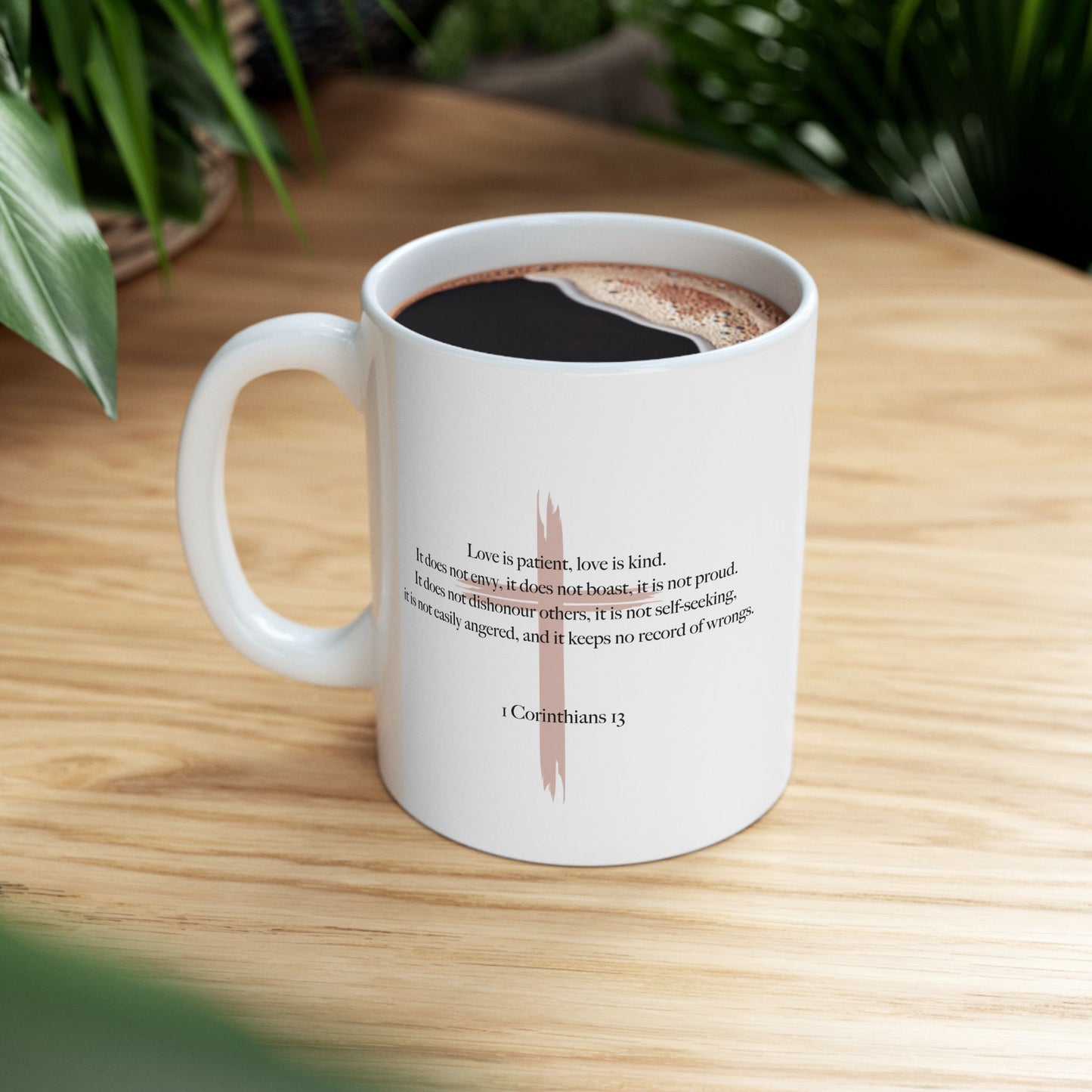 Love Is Patient Mug – Taupe Cross + Scripture