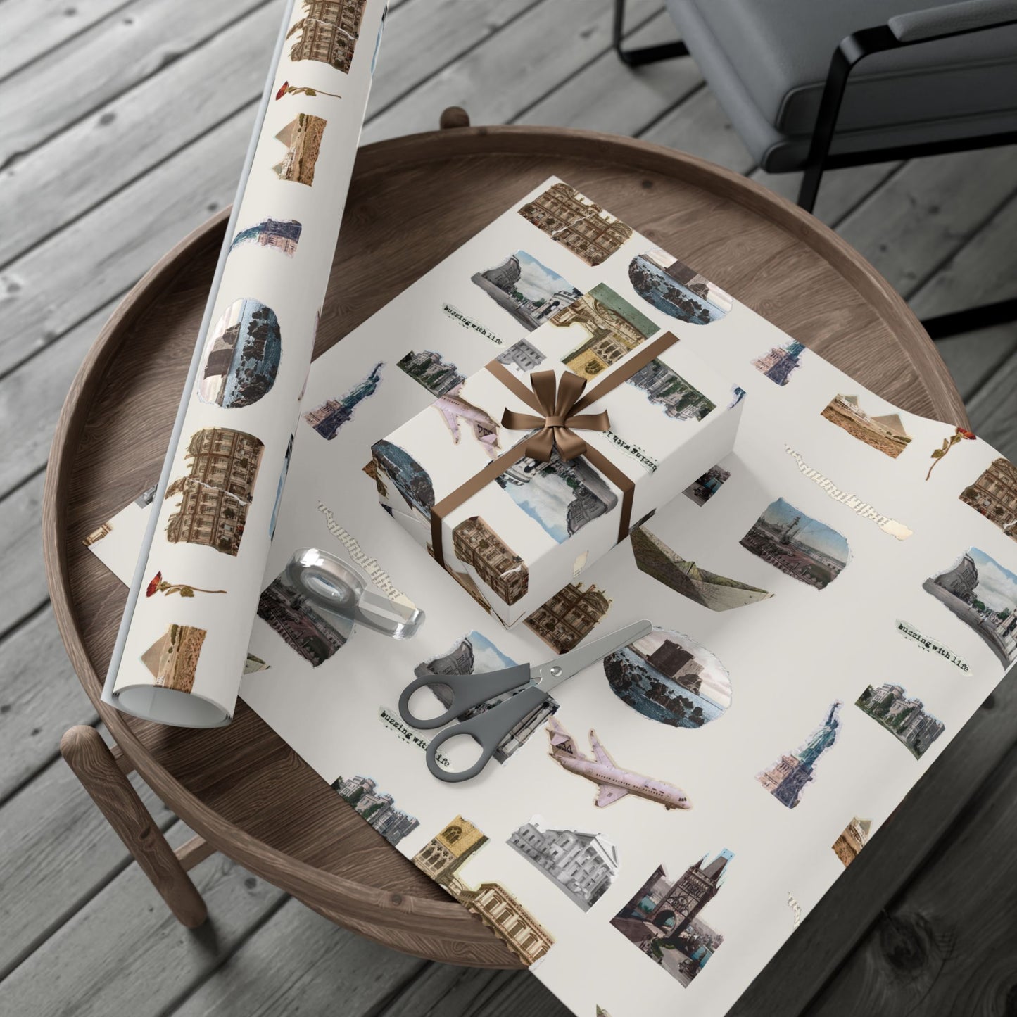 Stamped in Time Gift Wrapping Paper – Vintage Architecture & Travel Collage on Bone