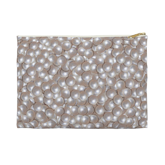 Lustrous Pearl Accessory Pouch – Soft Sheen Taupe Bag with Glam-Inspired Detail