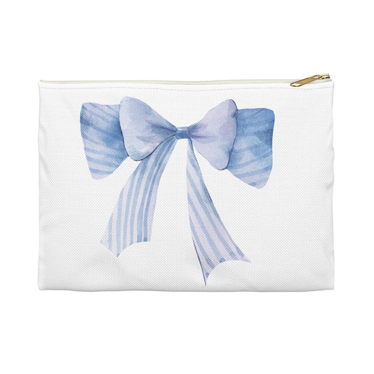 Blue Watercolor Bow Accessory Pouch – Printed Ribbon Detail with Everyday Elegance