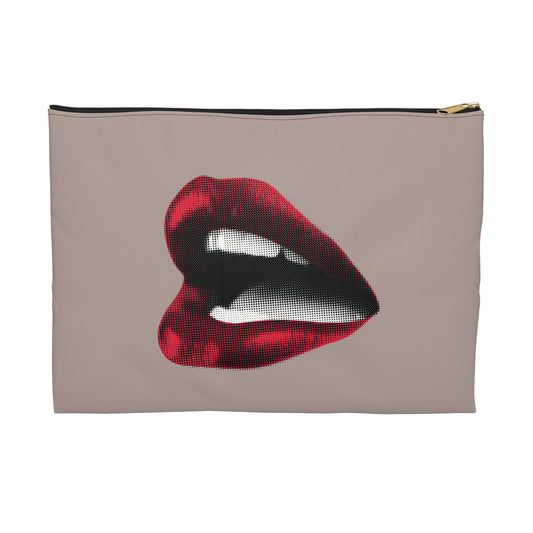 Vintage Red Lips on Taupe Accessory Pouch – Vintage-Inspired with Editorial Edge