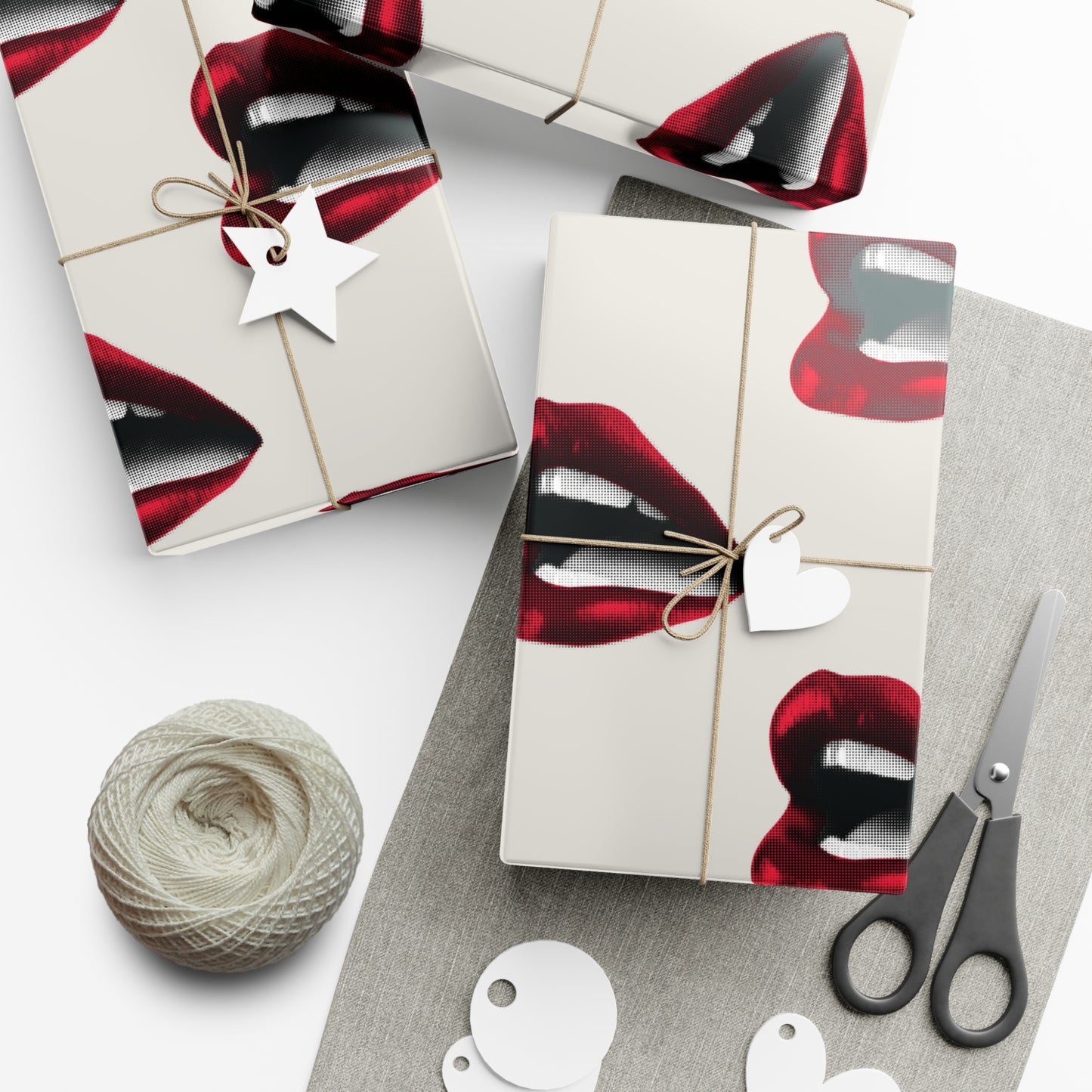 Vintage Red Lips Gift Wrapping Paper – Glossy Pop Art Mouths on Bone Color