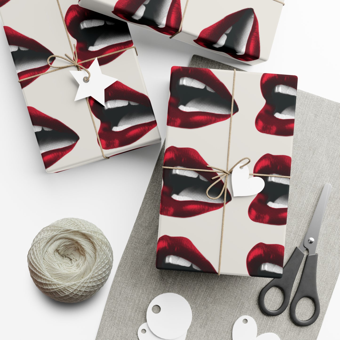 Vintage Red Lips Gift Wrapping Paper ā Glossy Pop Art Mouths on Bone Color
