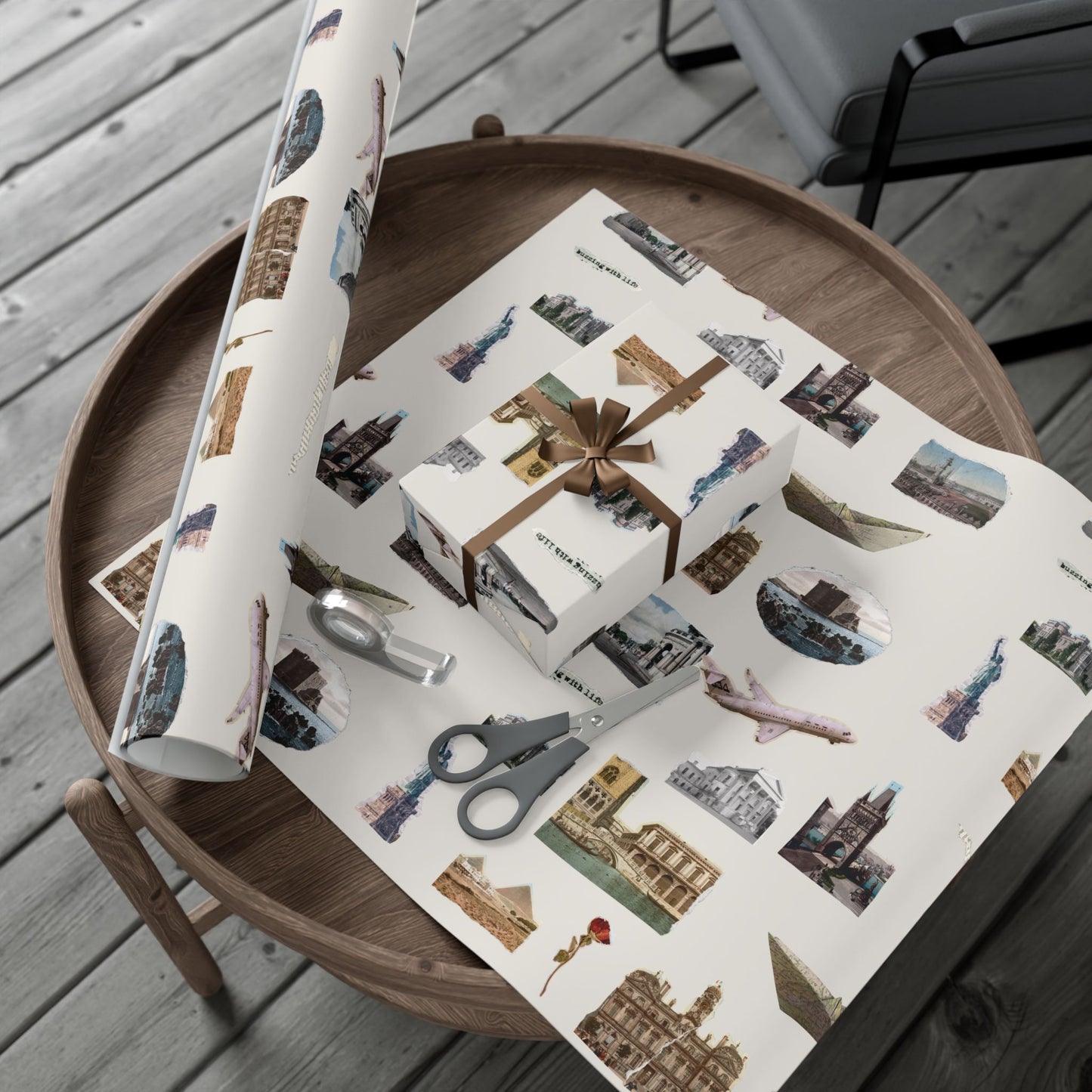 Stamped in Time Gift Wrapping Paper – Vintage Architecture & Travel Collage on Bone