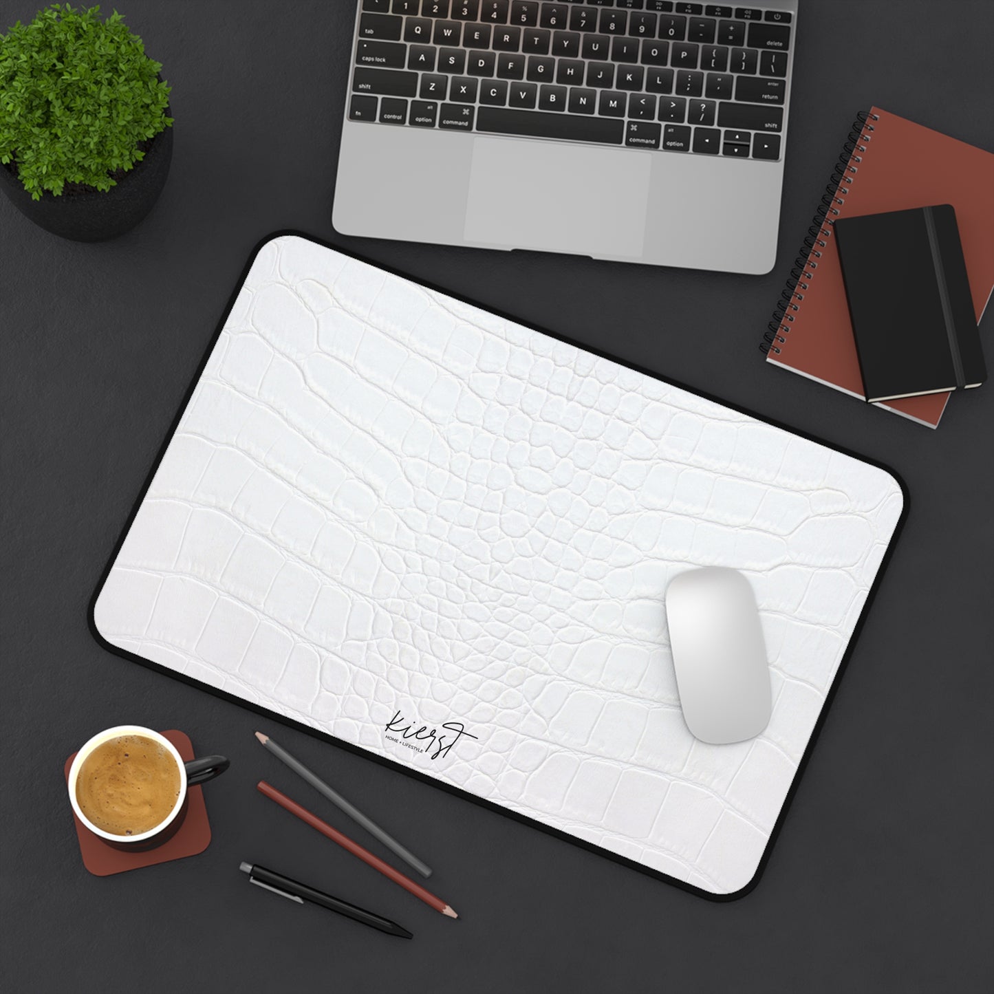 White Alligator Print Desk Mat | Luxe Minimalist Workspace Upgrade
