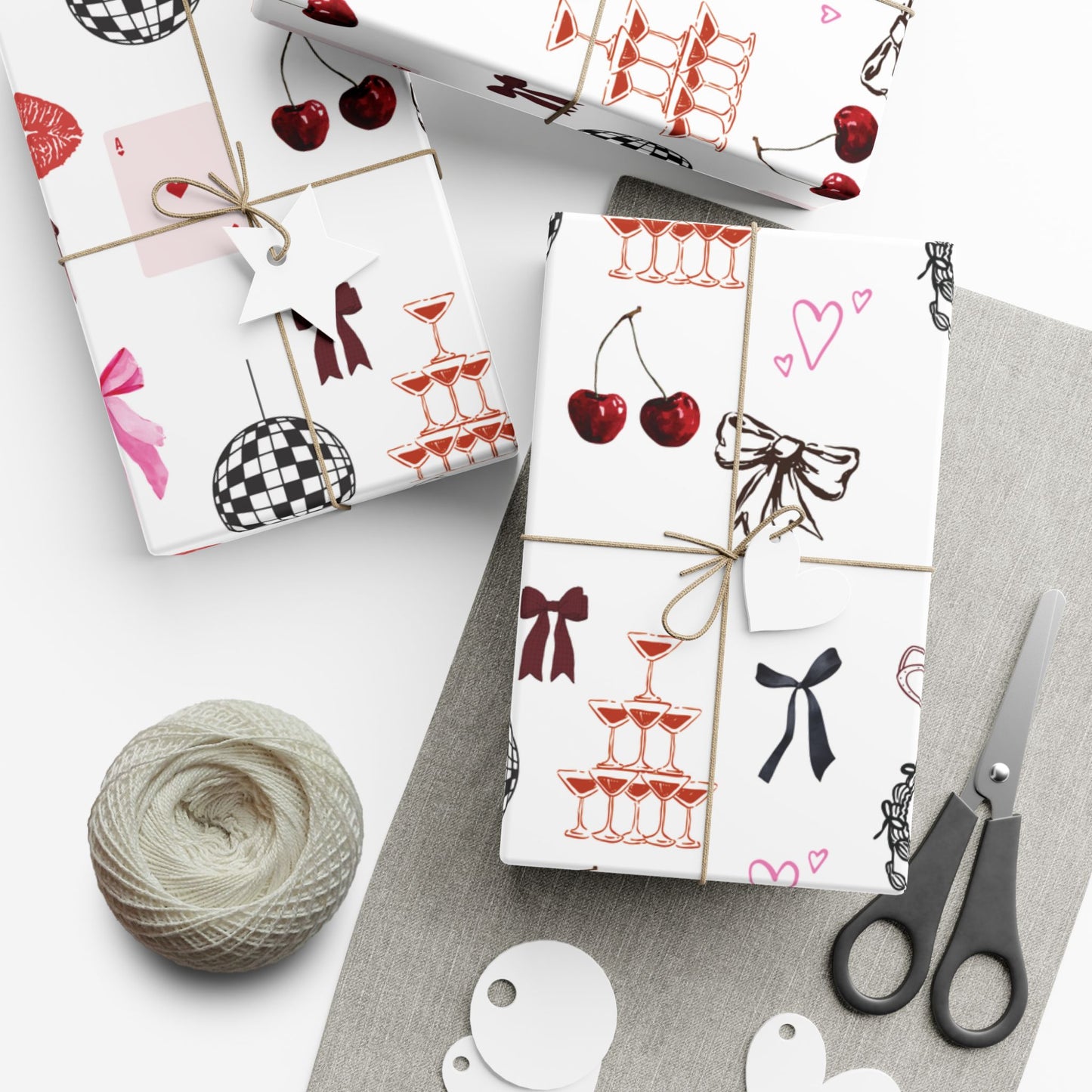 Edge of Romance Wrapping Paper | White Background Gift Wrap with Chic Sticker-Inspired Design