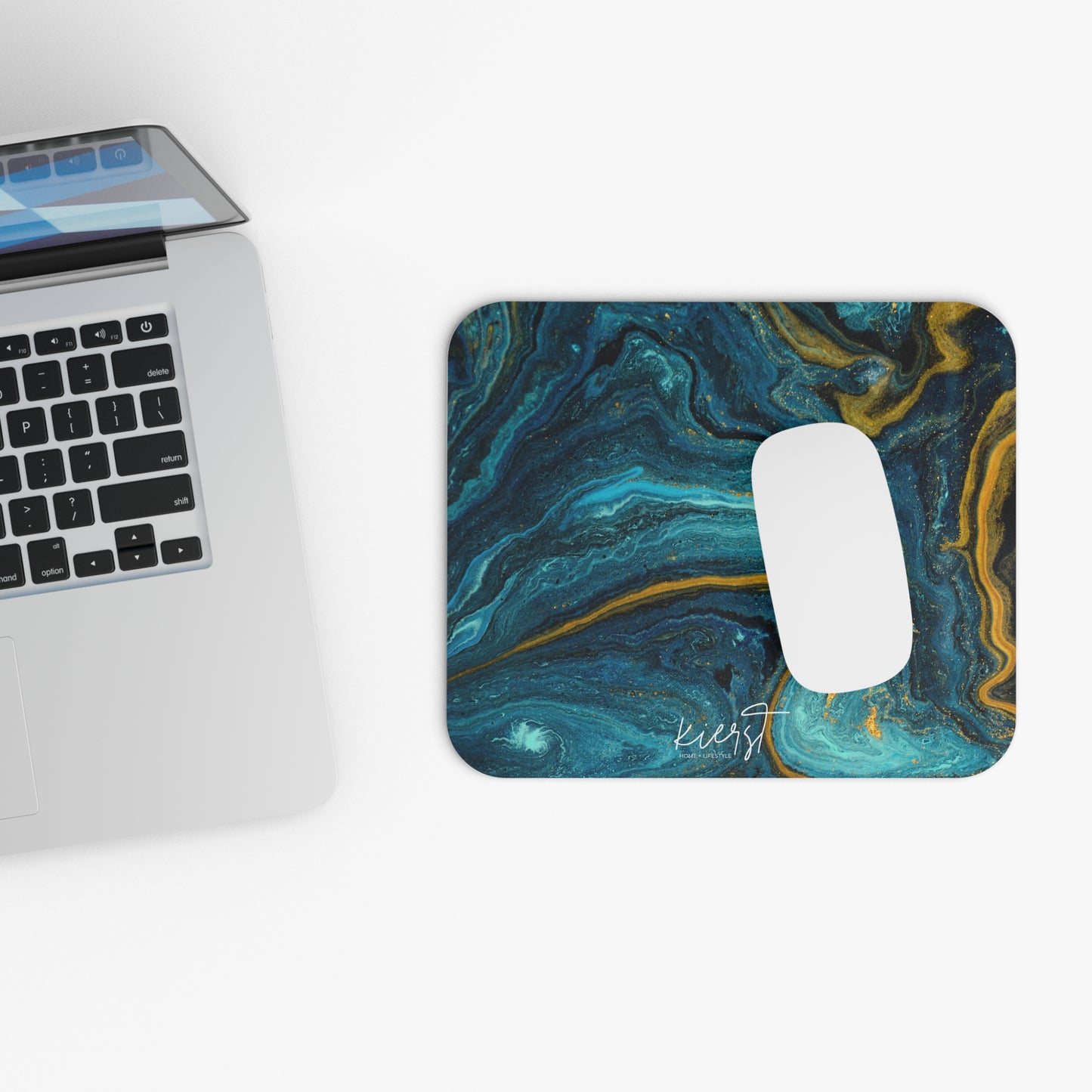 Gold & Teal Marble Mouse Pad – Deep Blue Swirl with Yellow Accents