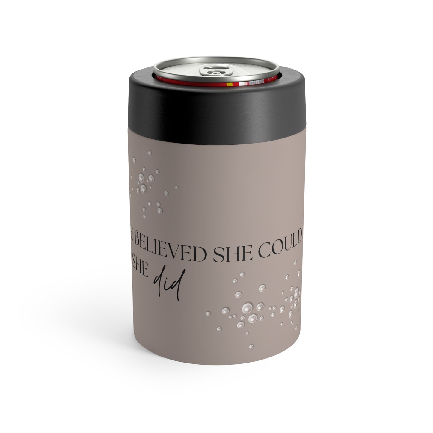 She Believed Can Holder – White Bow and Pearl Cluster on Taupe