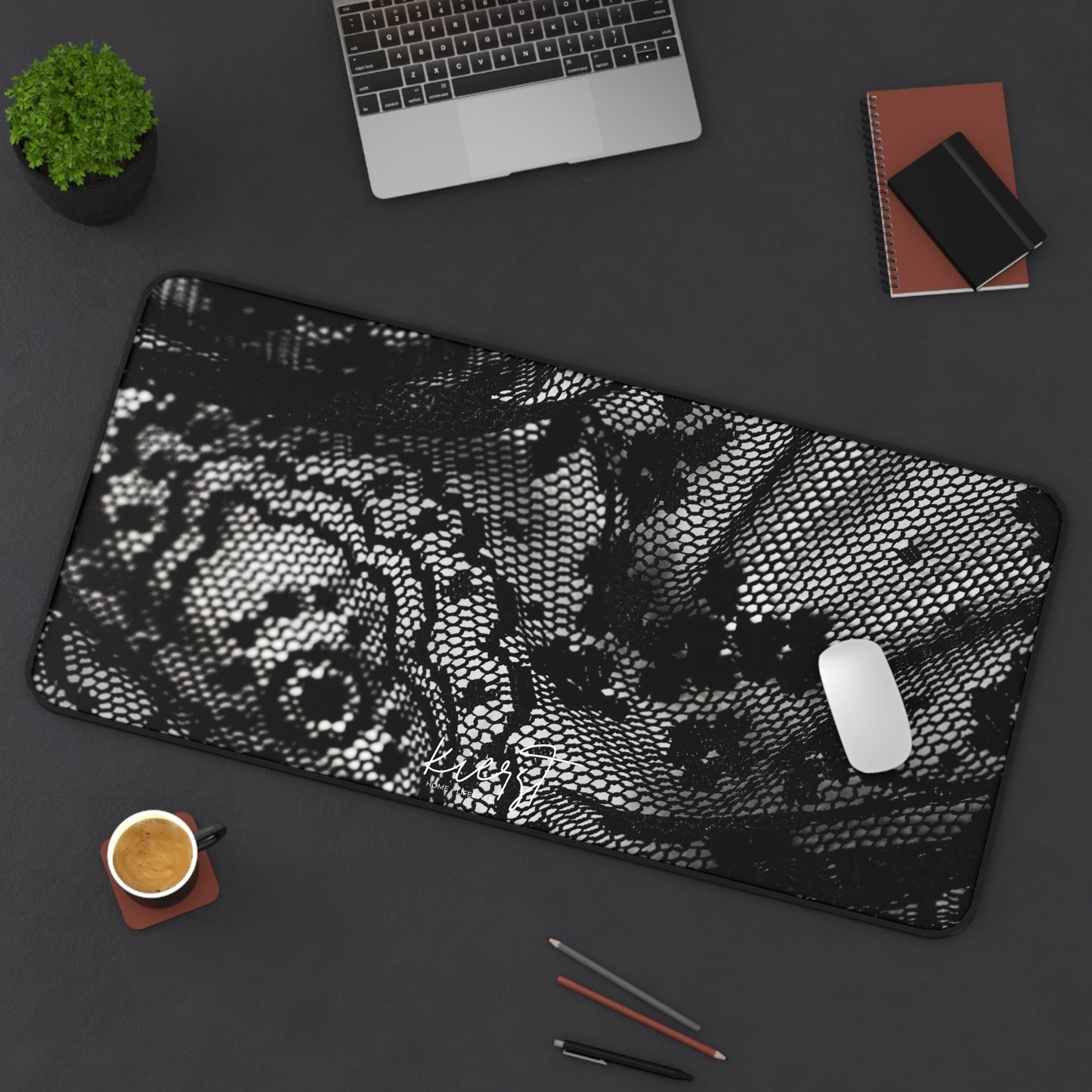 Black + White Lace Print Desk Mat