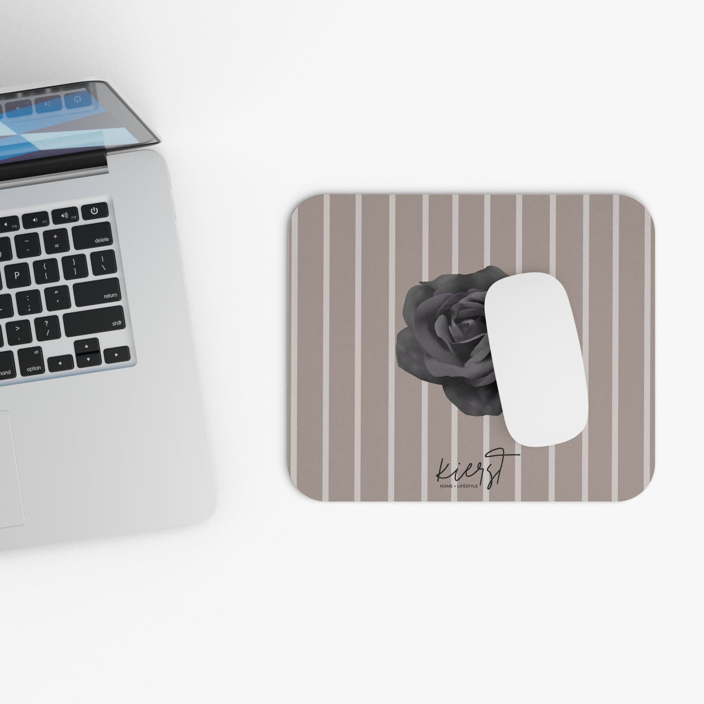 Black Rose on Taupe with Cream Stripes Mouse Pad (Rectangle)