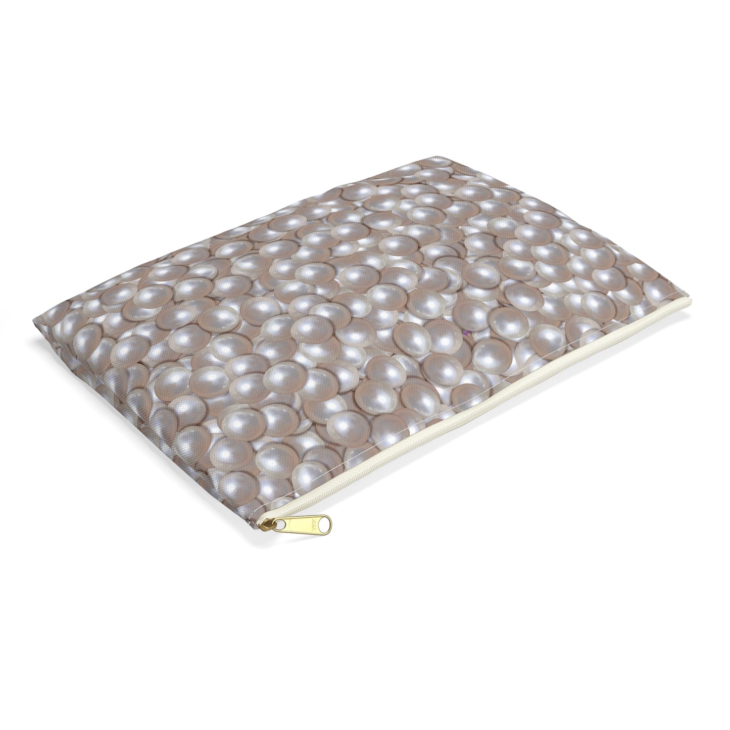 Lustrous Pearl Accessory Pouch – Soft Sheen Taupe Bag with Glam-Inspired Detail