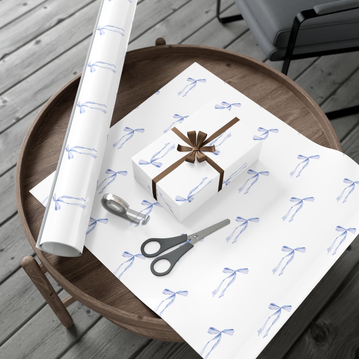 Delicate Blue Bow Gift Wrapping Paper – Hand-Painted Style Ribbon Pattern on White