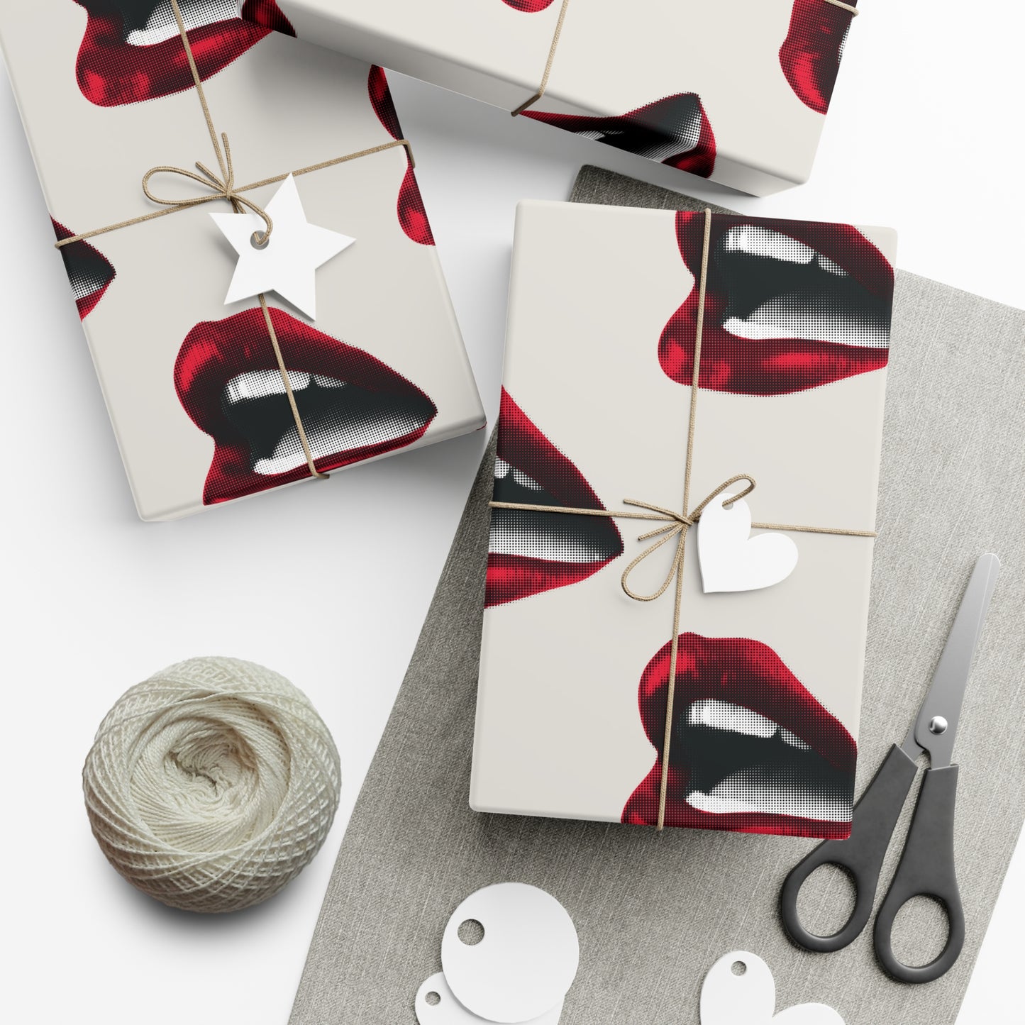 Vintage Red Lips Gift Wrapping Paper – Glossy Pop Art Mouths on Bone Color