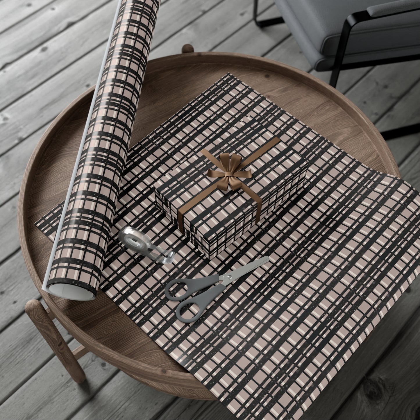 Modern Plaid Gift Wrapping Paper – Taupe, Black & Subtle Glitter Print