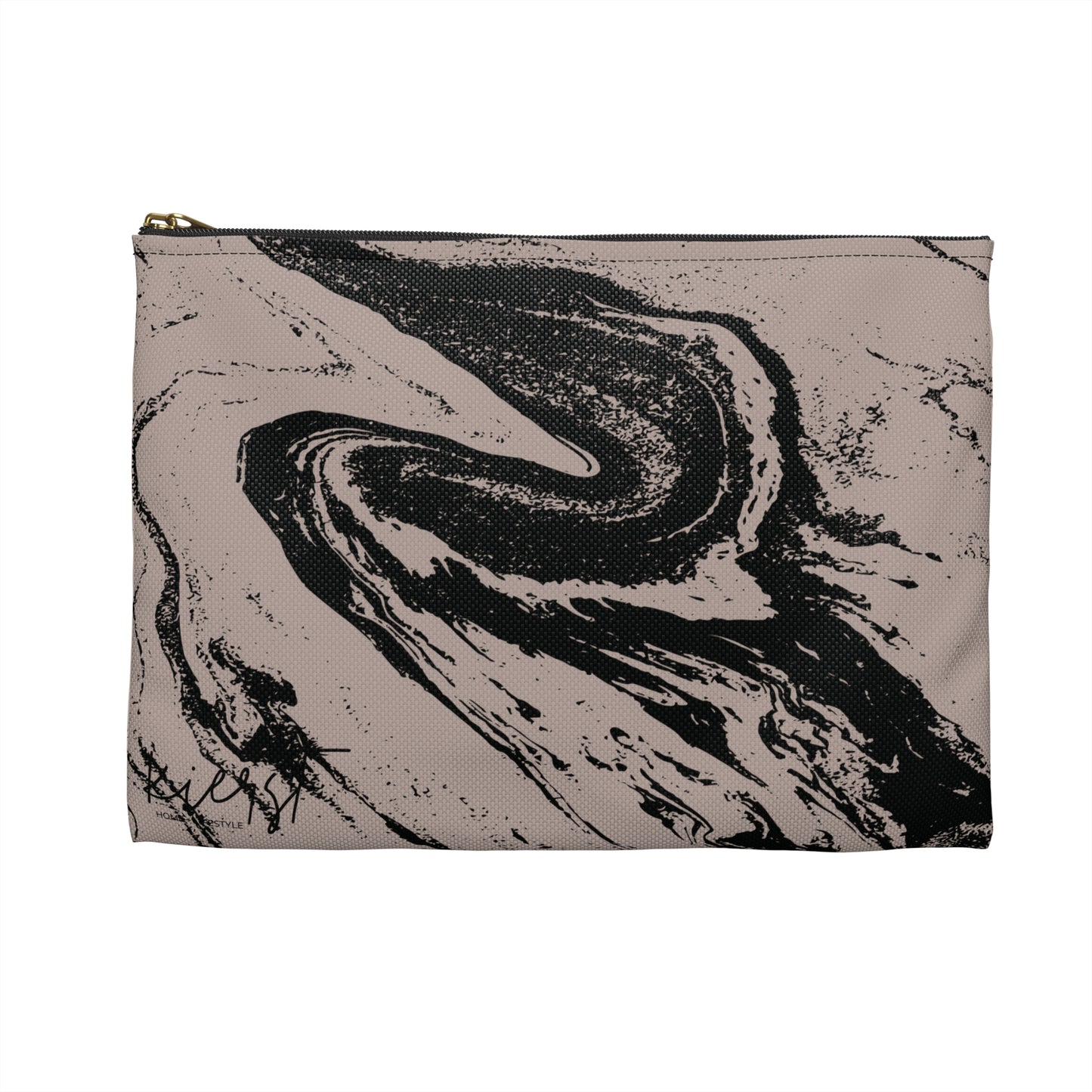 Taupe and Black Marble Accessory Pouch – Abstract Stone-Inspired Print with a Bold Edge