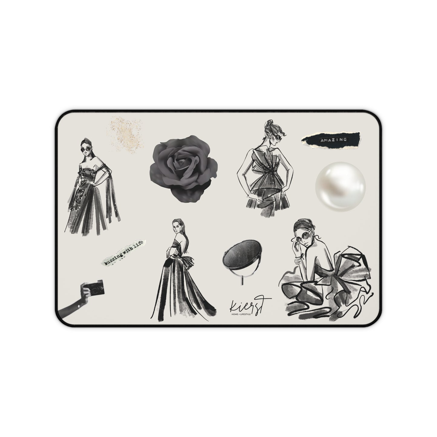 B&W Fashion Illustrations on Bone Desk Mat | Style Sketches for the Chic Creative