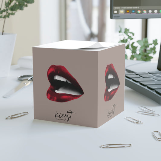 Vintage Red Lips on Taupe Note Cube | Boldly Sophisticated