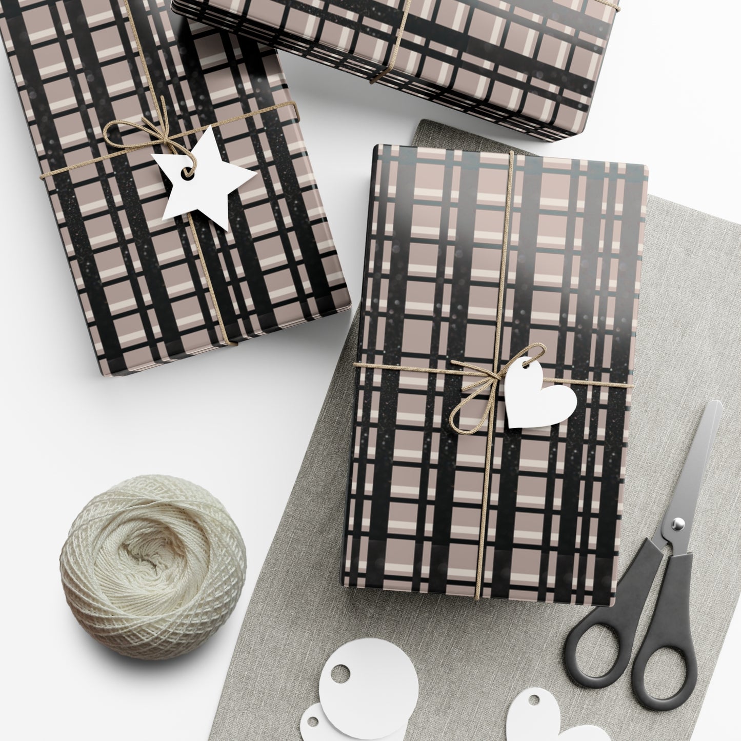 Modern Plaid Gift Wrapping Paper – Taupe, Black & Subtle Glitter Print