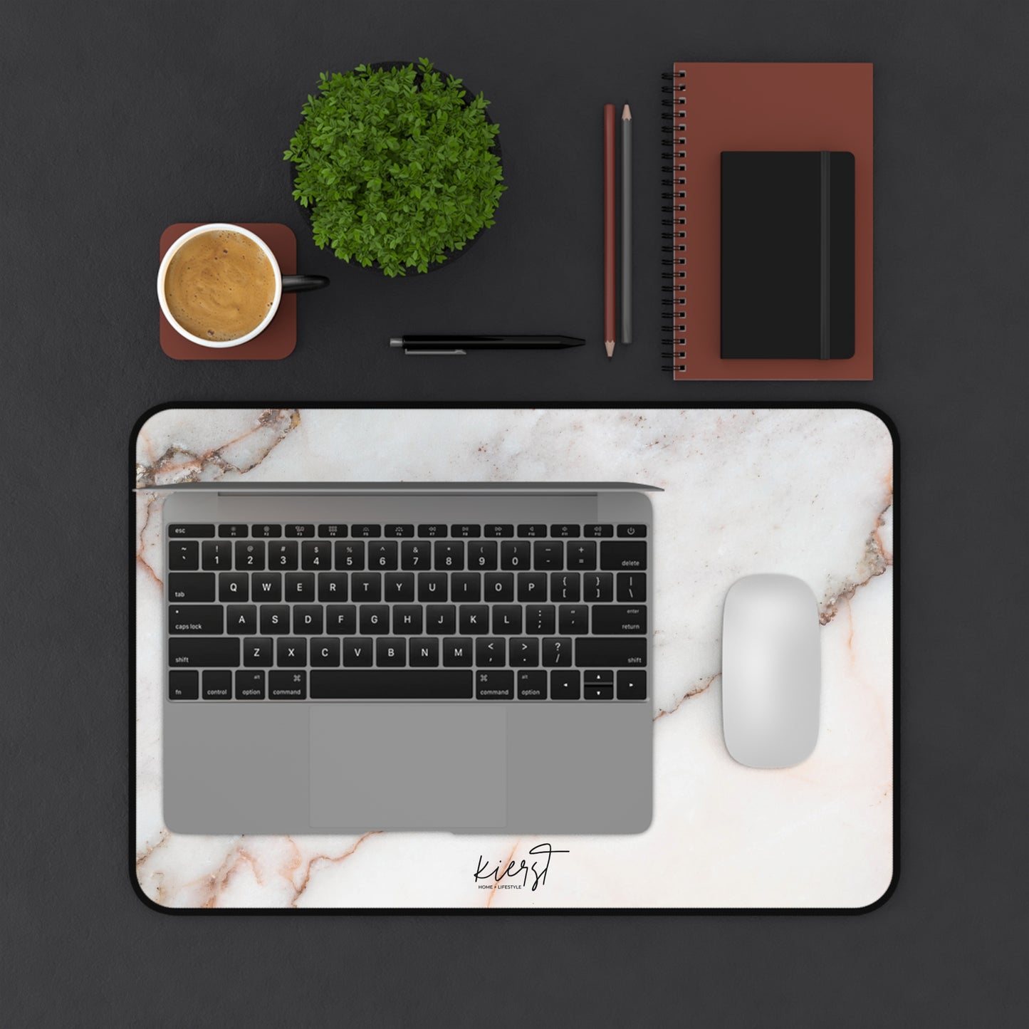 Warm White Marble Print Desk Mat | Neutral Office Decor