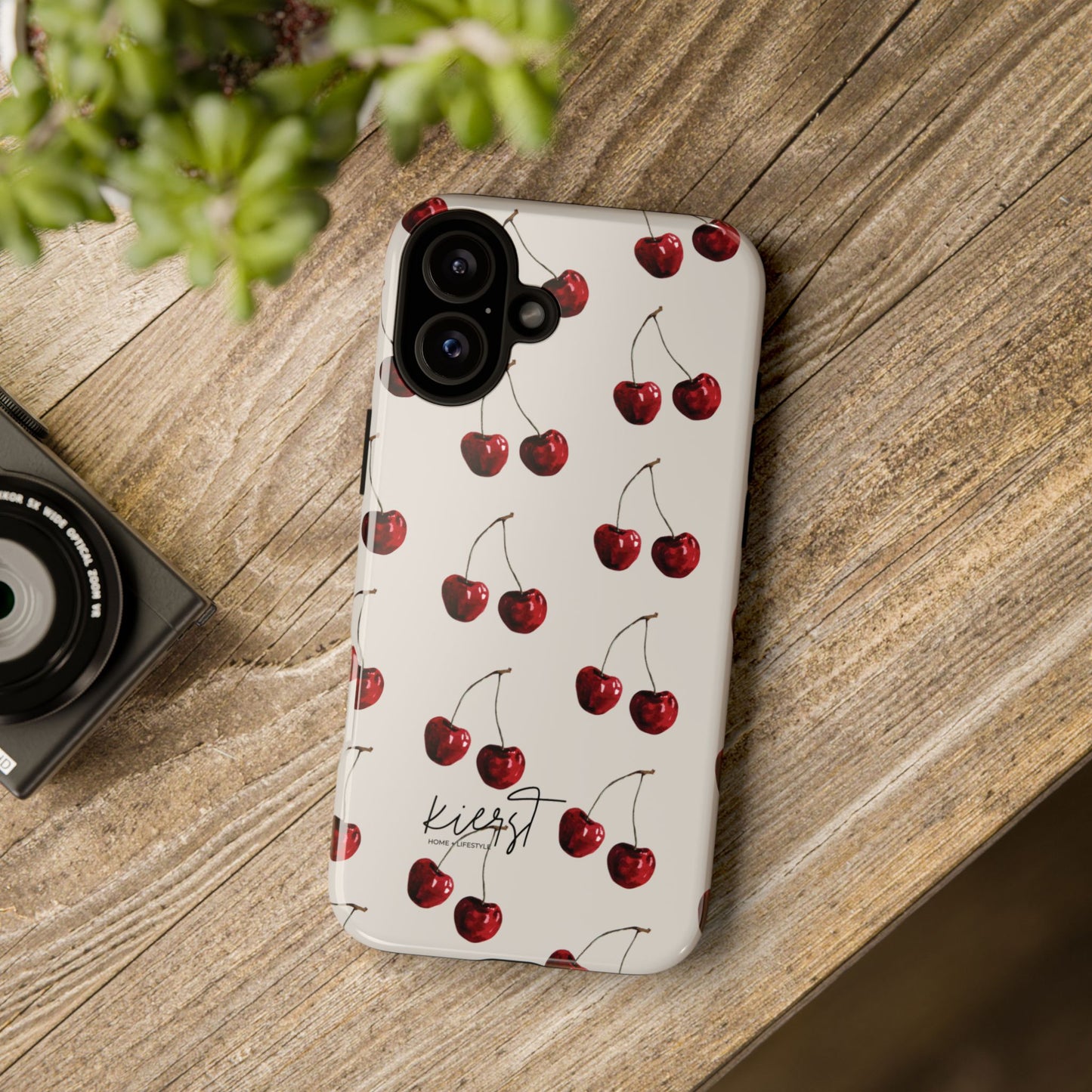 Moody Cherry Stems on White Bone iPhone Case | Timeless Contrast With A Twist of Charm