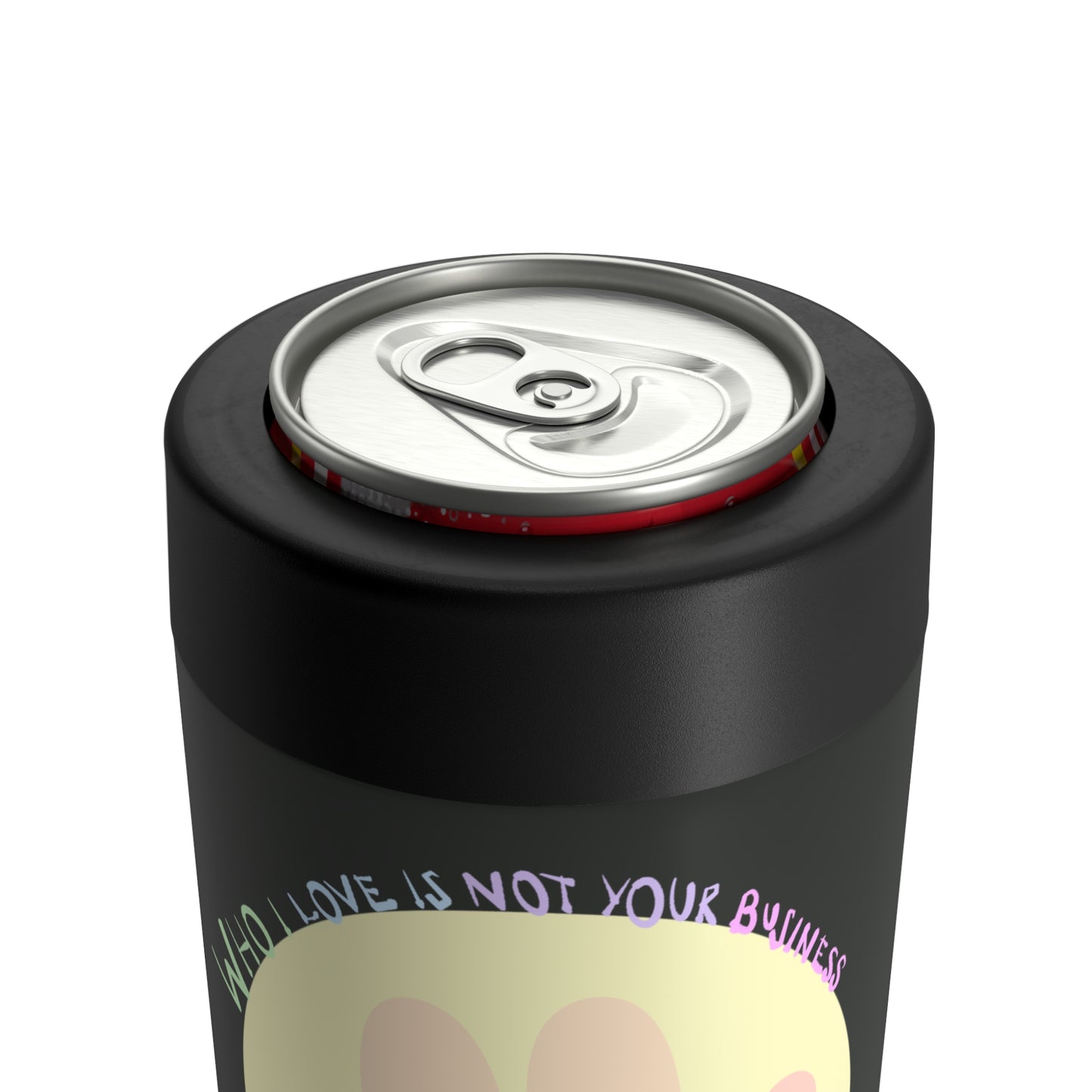 Who I Love Can Holder – Black with Pastel Smiley & Pride Message