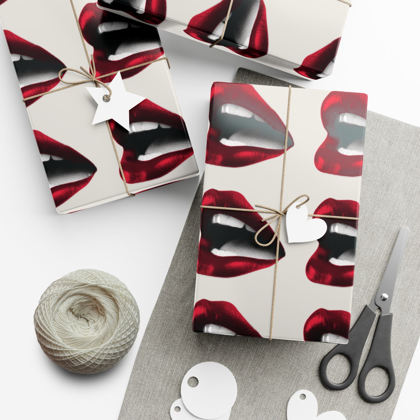 Vintage Red Lips Gift Wrapping Paper ā Glossy Pop Art Mouths on Bone Color