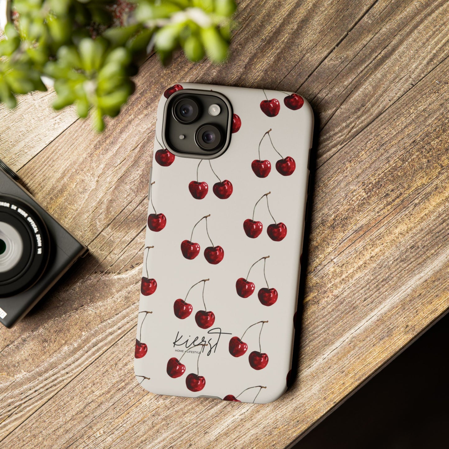 Moody Cherry Stems on White Bone iPhone Case | Timeless Contrast With A Twist of Charm