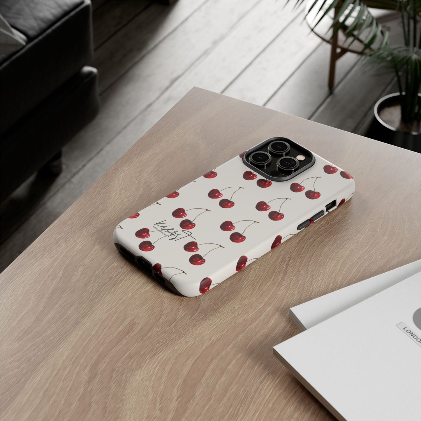 Moody Cherry Stems on White Bone iPhone Case | Timeless Contrast With A Twist of Charm