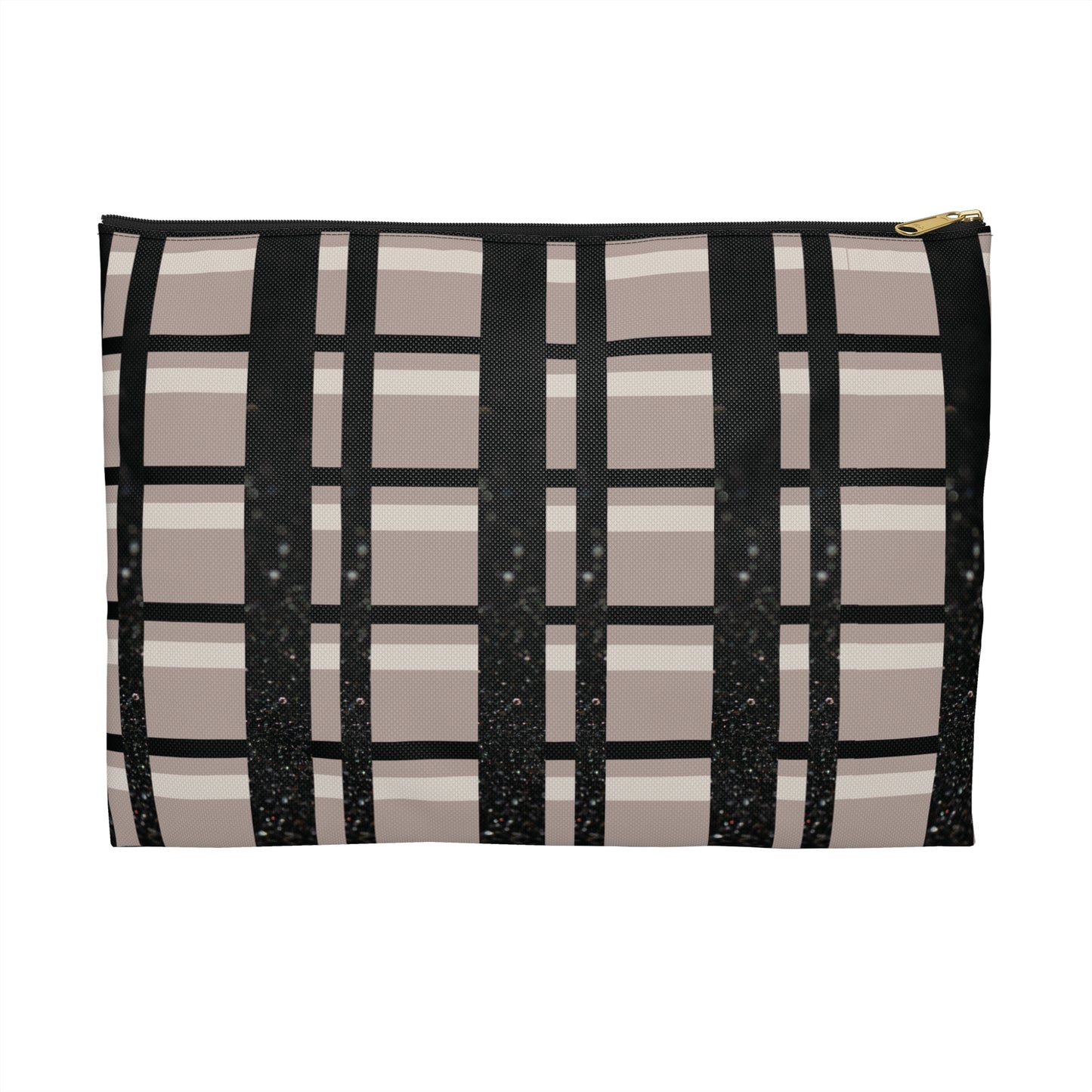 Plaid Luxe Accessory Pouch ā Taupe, Black, and Glitter Detail in a Chic Grid