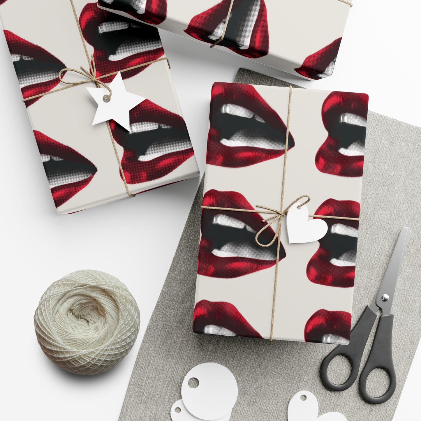 Vintage Red Lips Gift Wrapping Paper ā Glossy Pop Art Mouths on Bone Color