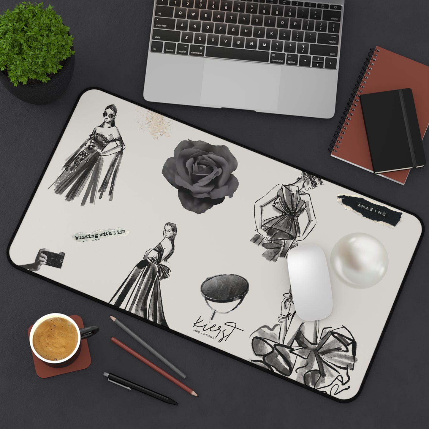 B&W Fashion Illustrations on Bone Desk Mat | Style Sketches for the Chic Creative