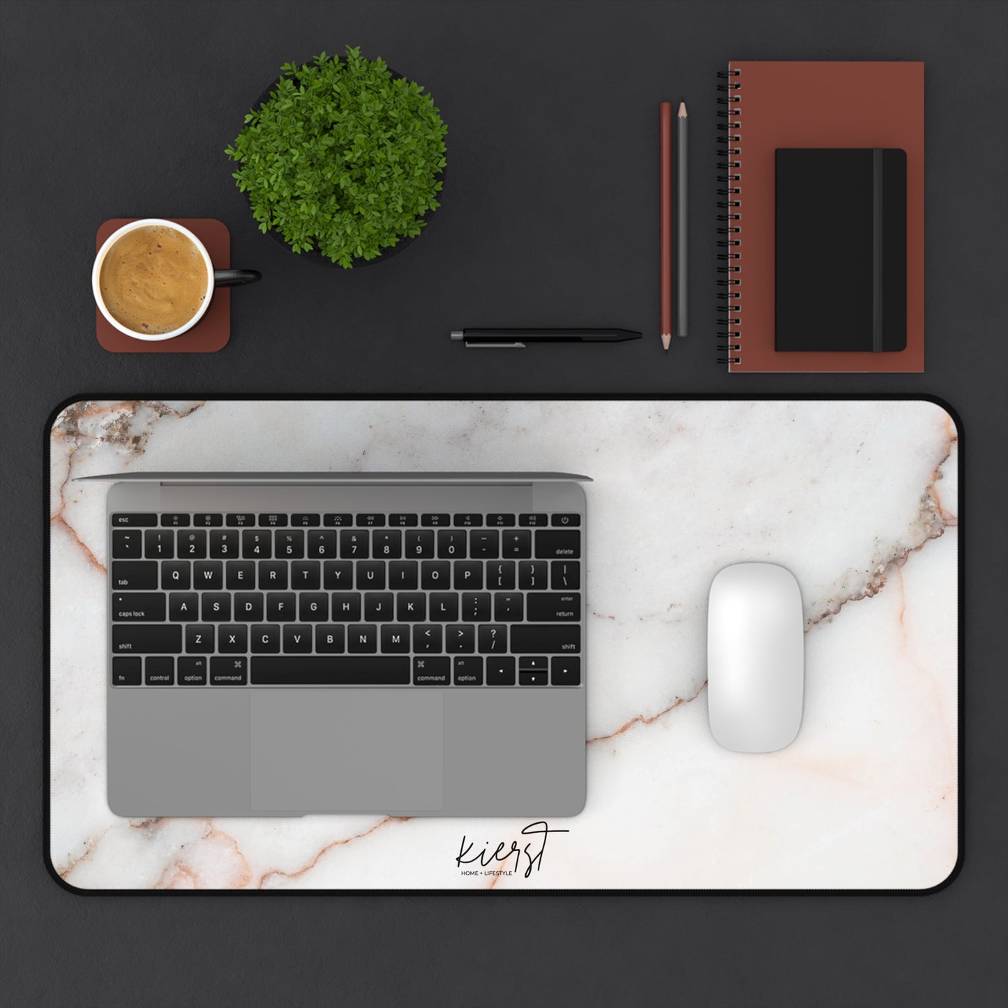 Warm White Marble Print Desk Mat | Neutral Office Decor
