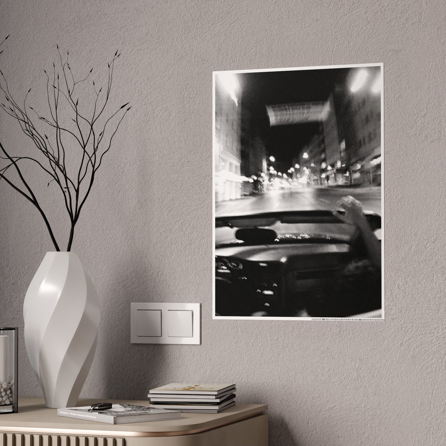 Blurry City Drive B+W Gloss Poster | Vintage Editorial Night Photography Wall Art