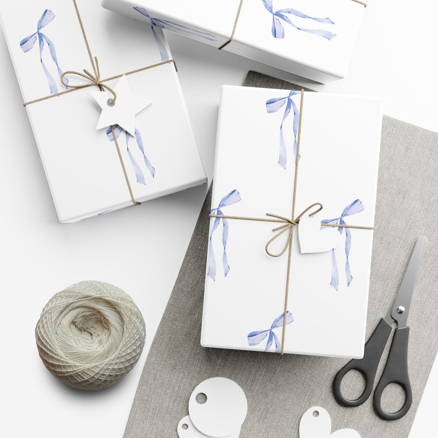 Delicate Blue Bow Gift Wrapping Paper – Hand-Painted Style Ribbon Pattern on White