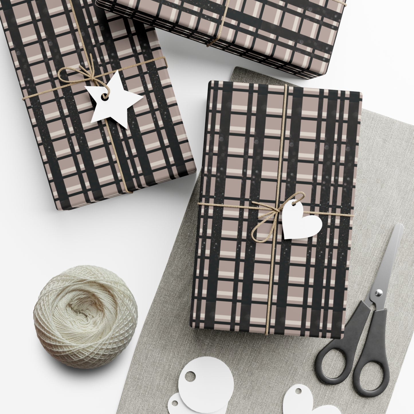 Modern Plaid Gift Wrapping Paper – Taupe, Black & Subtle Glitter Print