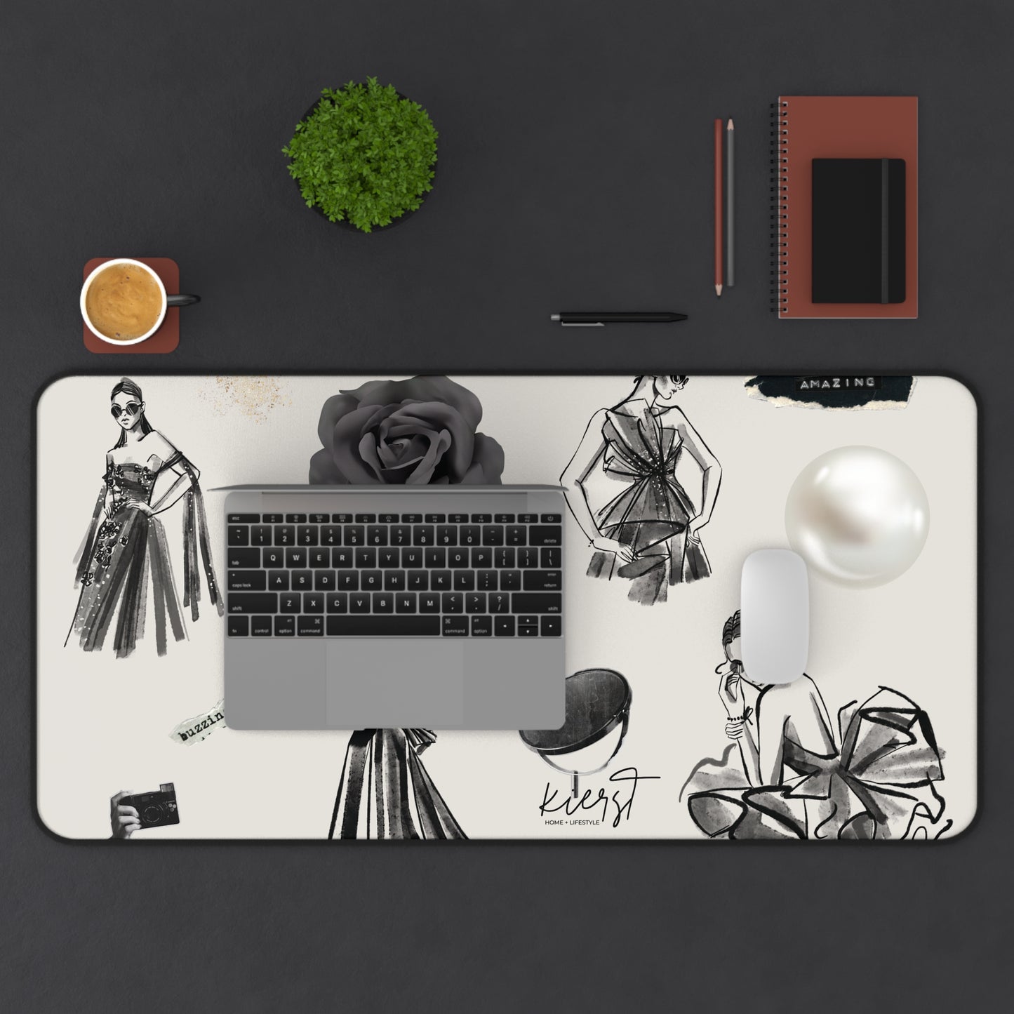 B&W Fashion Illustrations on Bone Desk Mat | Style Sketches for the Chic Creative