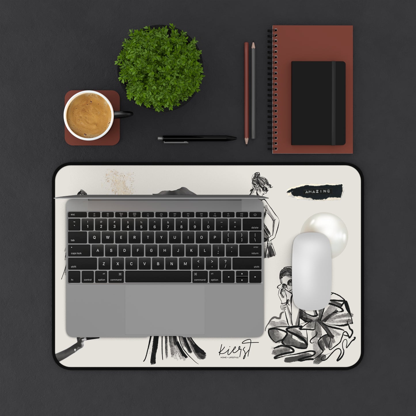 B&W Fashion Illustrations on Bone Desk Mat | Style Sketches for the Chic Creative