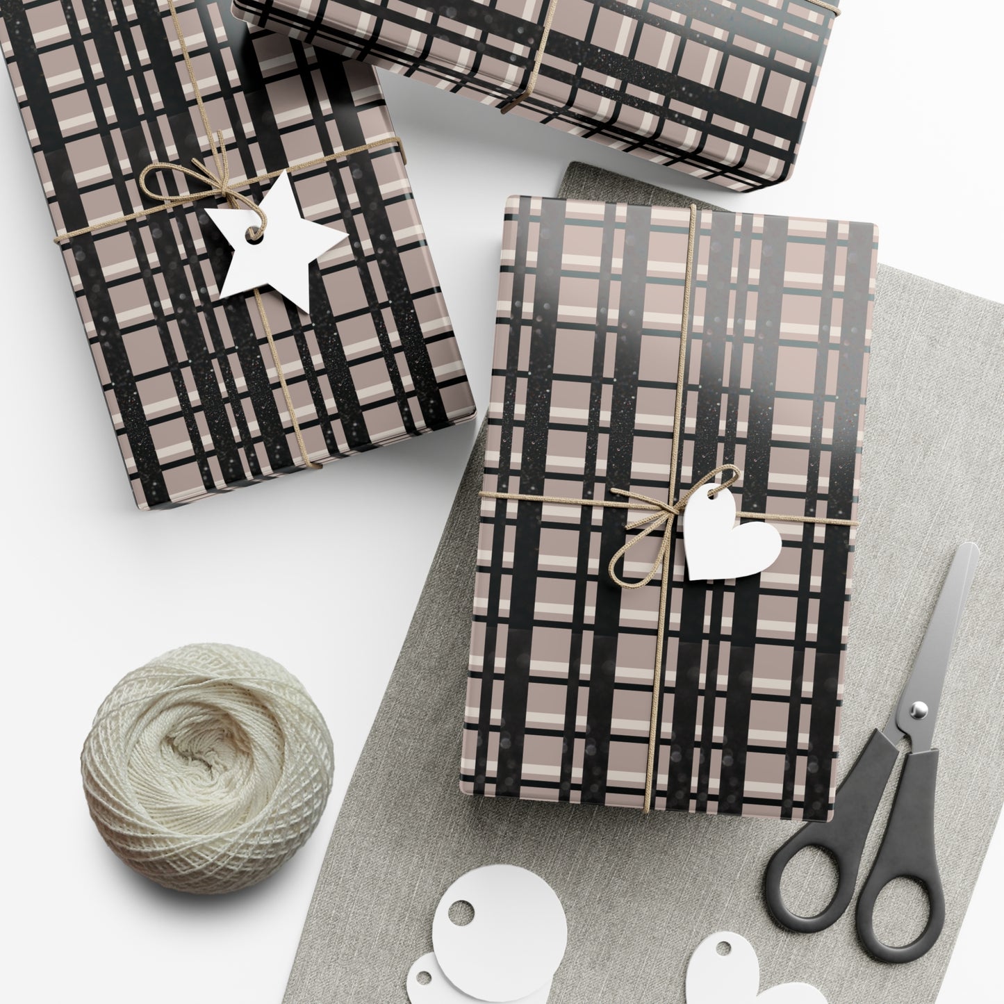 Modern Plaid Gift Wrapping Paper – Taupe, Black & Subtle Glitter Print