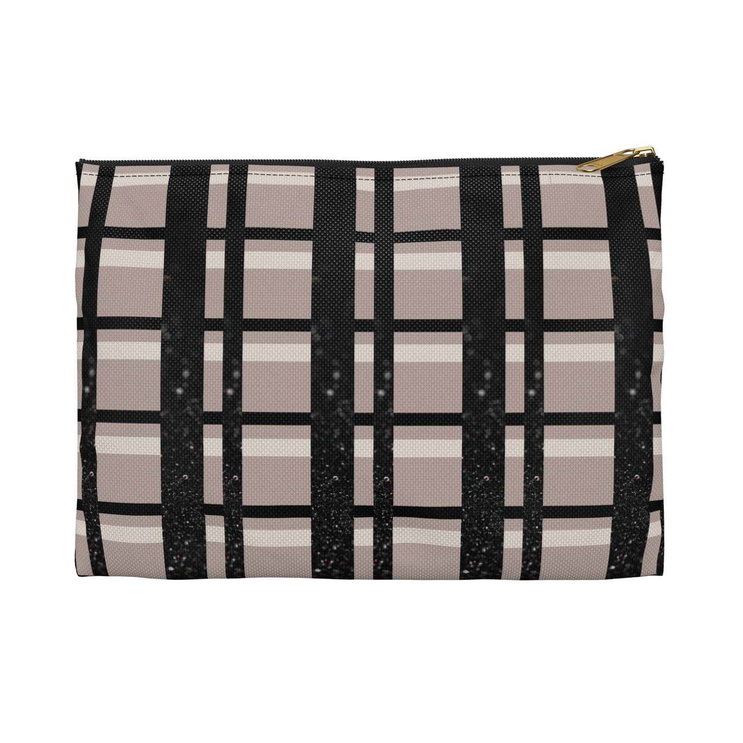 Plaid Luxe Accessory Pouch ā Taupe, Black, and Glitter Detail in a Chic Grid